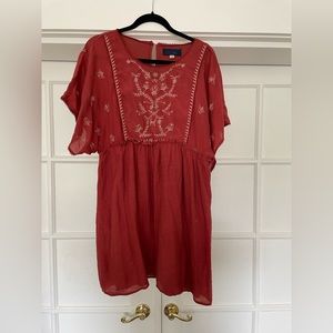 Embroidered autumnal burnt orange mini dress size M